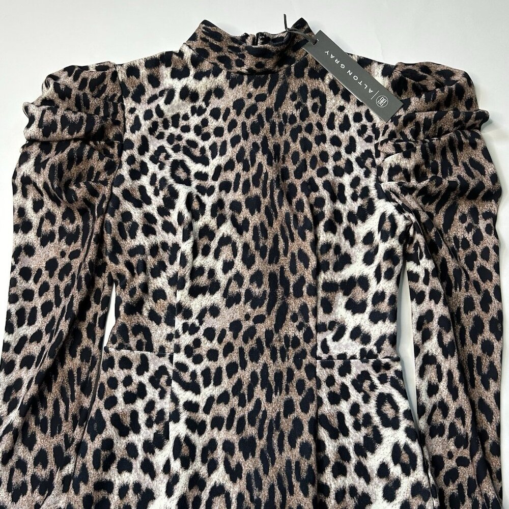 Alton Gray Women’s Size 0 Leopard Print Puff Sleeve Midi Dress - Picture 2 of 10